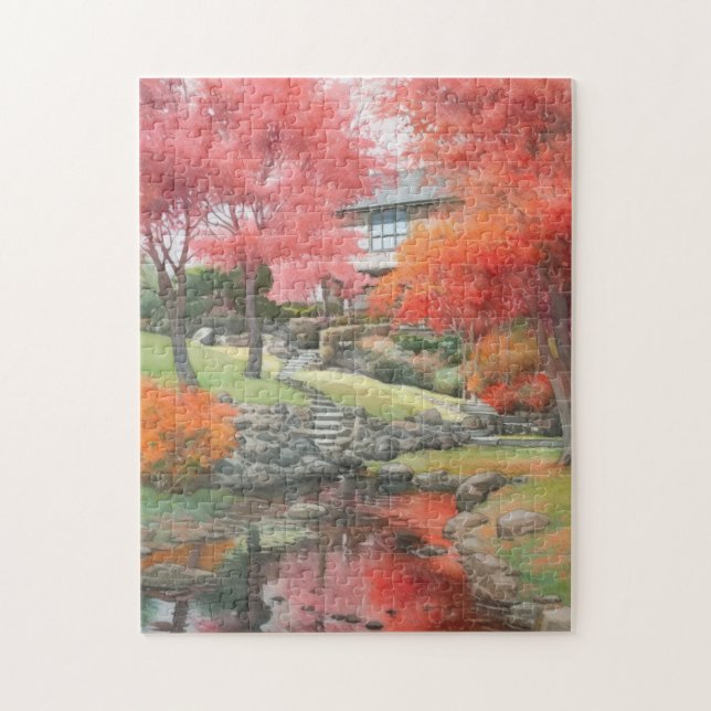 Puzzle Acuarela japonesa moderna de jardín de otoño (Vertical)