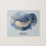 Puzzle Acuarela moderna Narwhal Blue Ocean personalizada<br><div class="desc">Acuarela moderna Narwhal Blue Ocean Personalized Puzzle</div>