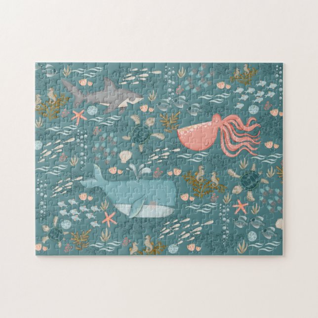 Puzzle Acuarela Ocean Animals busca y encuentra arte Verd (Horizontal)