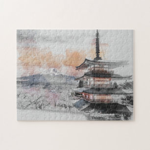 Puzzle Acuarela Pagoda Japonesa y Montaña Fuji Escénica