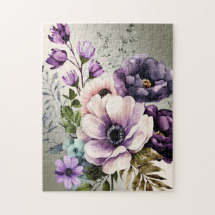 Puzzle Acuarela Púrpura Flores Rosa Doradas Elegante
