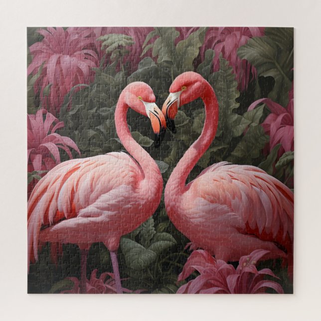 Puzzle Acuarela Romance de flamenco rosa tropical (Vertical)
