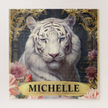 Acuarela Tigre Blanco Vintage y Rosas Rosadas