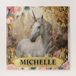 Puzzle Acuarela Unicornio Blanco Vintage y Rosas Rosadas