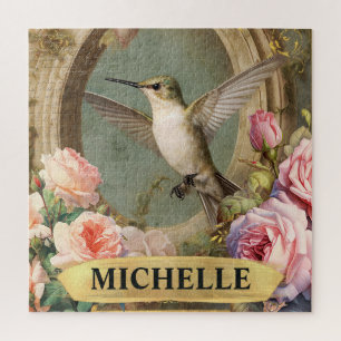 Puzzle Acuarela Vintage Colibrí Blanco y Rosas Rosadas