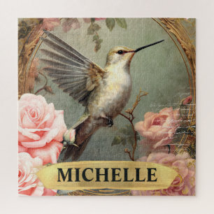 Puzzle Acuarela Vintage Colibrí Blanco y Rosas Rosadas