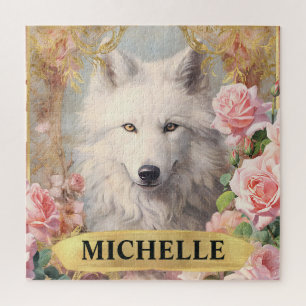 Puzzle Acuarela vintage lobo blanco y rosas rosadas