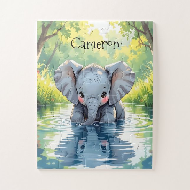 Puzzle Adorable Baby Elephant and Reflection Personalized (Vertical)