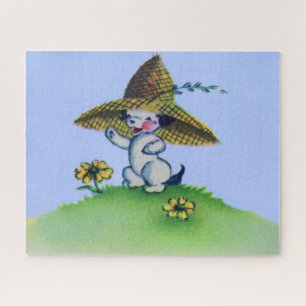 Puzzle adorable cachorro con gorra de paja grande