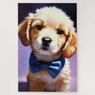 Puzzle Adorable Cachorro Fluffy con Azulejos de Bow Azul