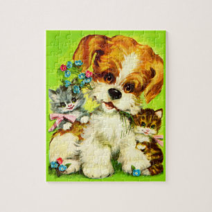 Puzzle adorable cachorro y gatitos sonrientes