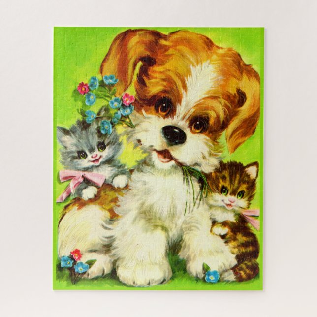 Puzzle adorable cachorro y gatitos sonrientes (Vertical)