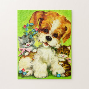 Puzzle adorable cachorro y gatitos sonrientes