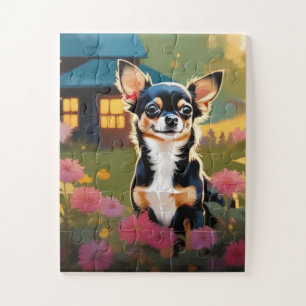 Puzzle Adorable chihuahua negra con flores silvestres
