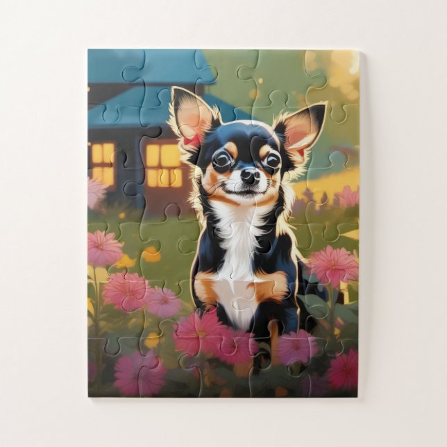 Puzzle Adorable chihuahua negra con flores silvestres (Vertical)
