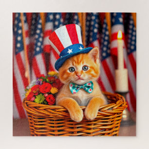 Puzzle Adorable Gatito con Sombrero Patriótico