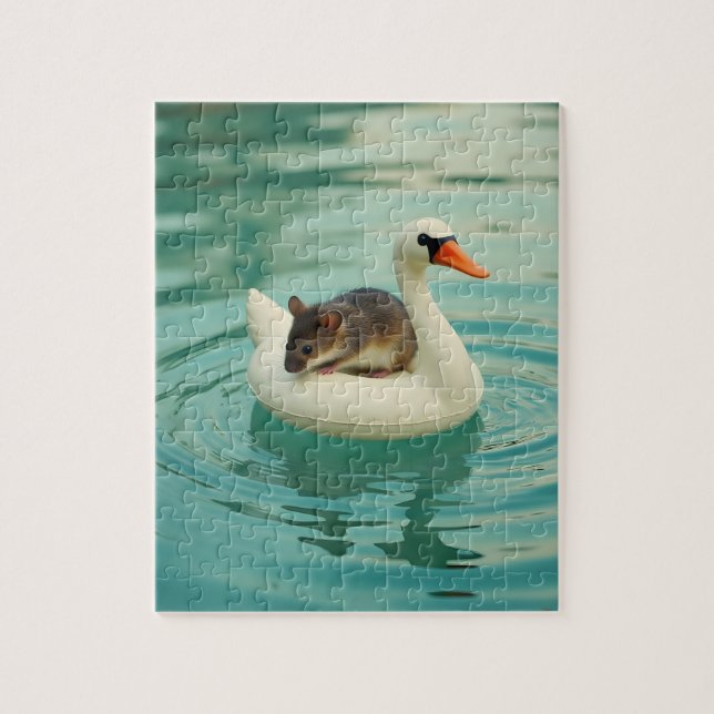 Puzzle Adorable Mouse on a Swan Pool Float (Vertical)