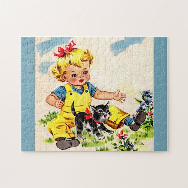 Puzzle adorable niñita con adorable gatito (Horizontal)