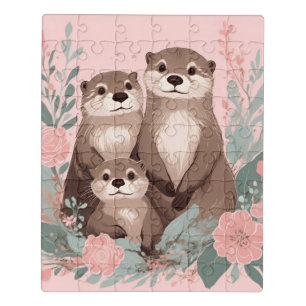 Puzzle Adorable Otter Boho Rosa Mamá papá y bebé