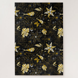 Puzzle Adorable patrón floral dorado negro vintage
