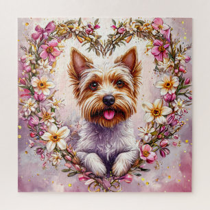 Puzzle Adorable Yorkie rodeado de corona floral
