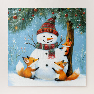 Puzzle Adorable zorros y muñeco de nieve del bosque inver