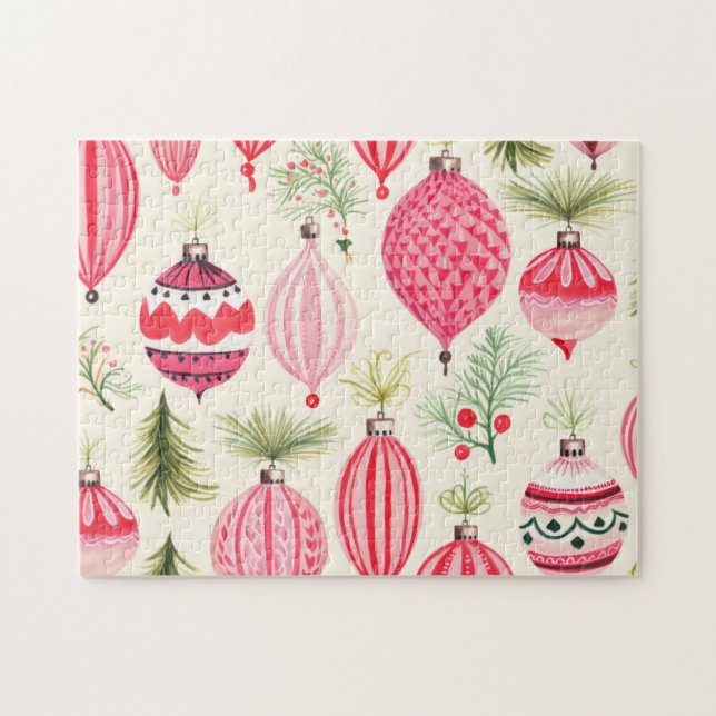 Puzzle Adornos Retro Rosa Rojo Navidad (Horizontal)