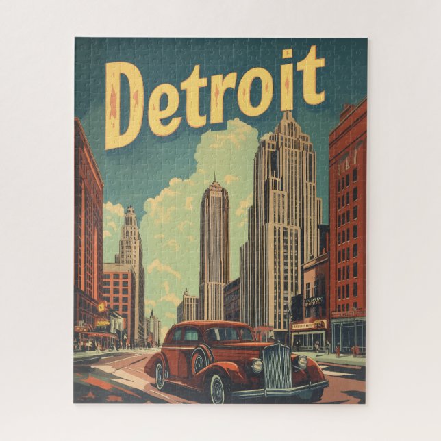 Puzzle Afiche de viaje de Retro Detroit Michigan (Vertical)