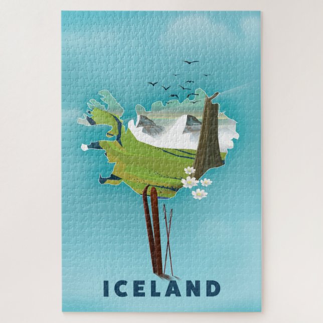 Puzzle Afiche de viaje del Ilustracion Mapa de Islandia. (Vertical)