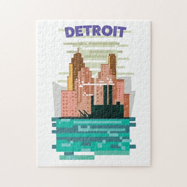 Puzzle Afiche de viaje por la ciudad de Detroit. (Vertical)