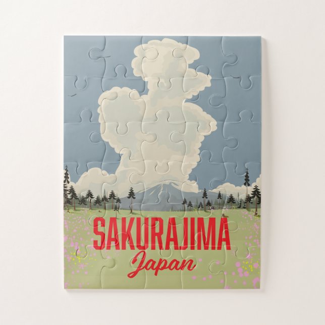 Puzzle Afiche de viaje retro de Sakurajima Japón. (Vertical)