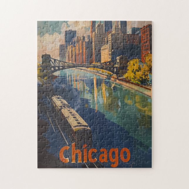 Puzzle Afiche de Viajes de Vintage Chicago (Vertical)