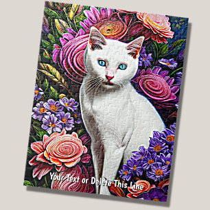 Puzzle Agregar texto de nombre, gato blanco con flores ab