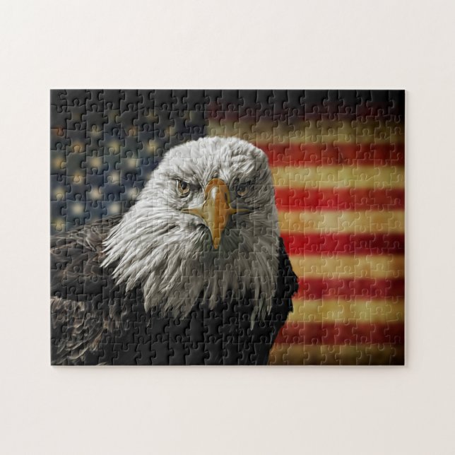 Puzzle Águila calva americana sobre bandera ondulada (Horizontal)