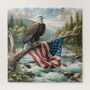 Puzzle Águila Calva Con Bandera Americana En Rama De Árbo