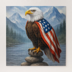 Puzzle Águila calva con capa de bandera estadounidense