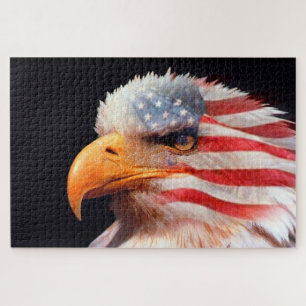 Puzzle Águila calva con una bandera estadounidense en sus