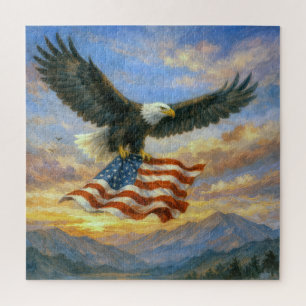 Puzzle Águila calva volando con la bandera estadounidense