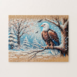 Puzzle Águila sentada en un árbol durante nevada en invie