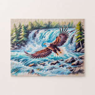 Puzzle Águila volando frente a una cascada en tiza pastel