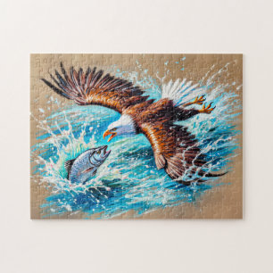 Puzzle Águila volando sobre el río cazando salmón Pastel
