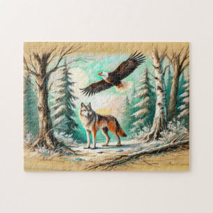 Puzzle Águila y Lobo en el Dibujo de Tiza Pastel del Bosq