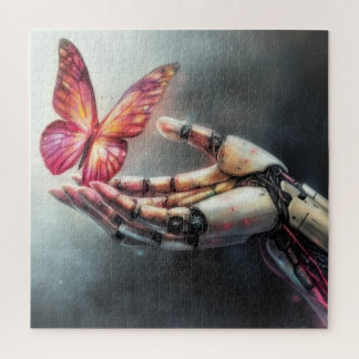 Puzzle AI and Nature Harmony Robot Hand with Butterfly