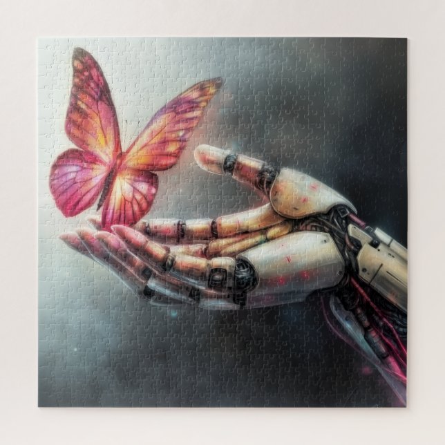 Puzzle AI and Nature Harmony Robot Hand with Butterfly (Vertical)