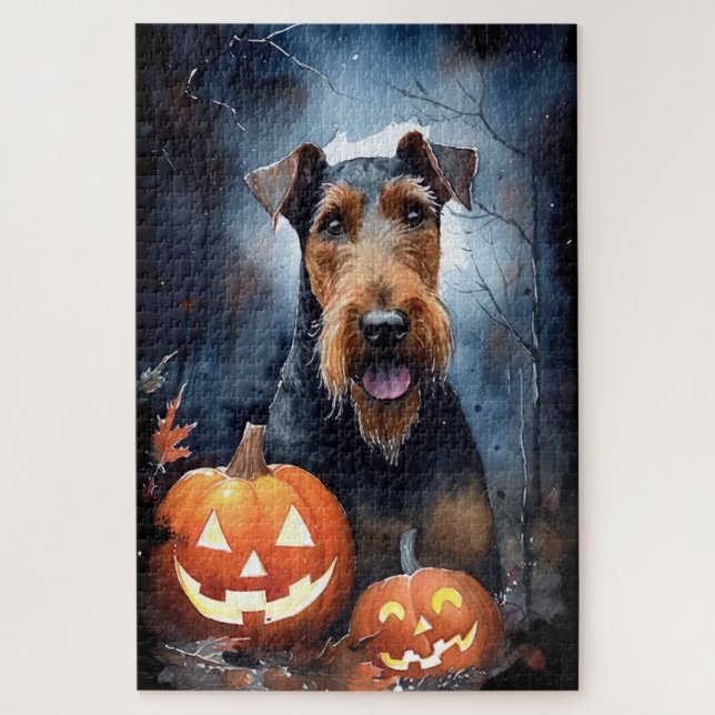 Puzzle Airedale de Halloween con calabazas aterradoras (Vertical)