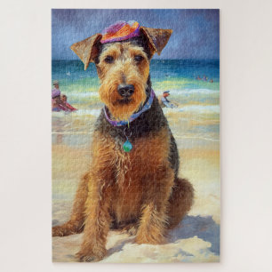 Puzzle Airedale en la playa, regalo de verano para amante