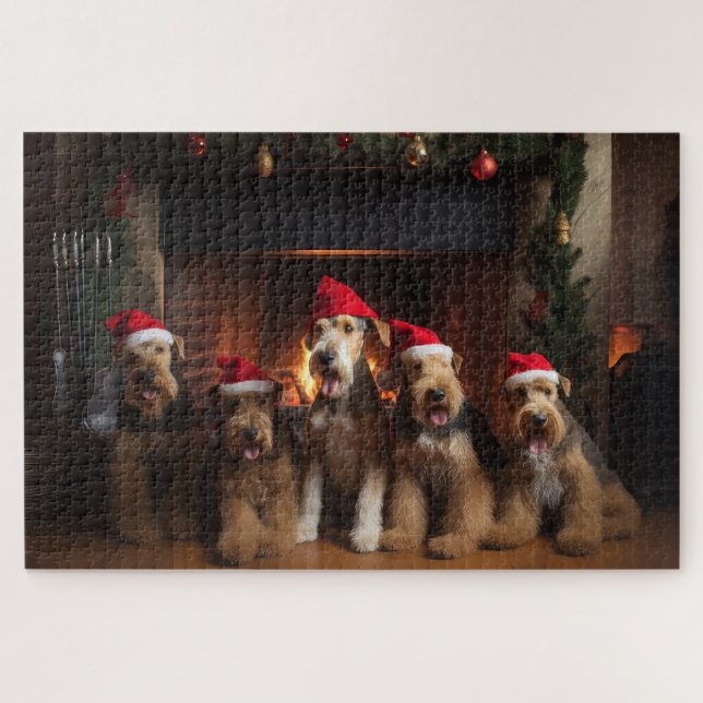 Puzzle Airedale junto a la chimenea de Navidad (Horizontal)