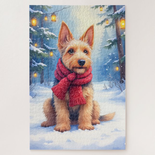 Puzzle Airedale Terrier acuarela Navidad nevada (Vertical)