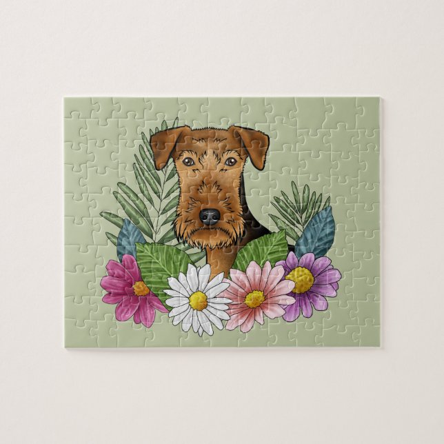 Puzzle Airedale Terrier Cabeza de Perro Flores coloridas  (Horizontal)