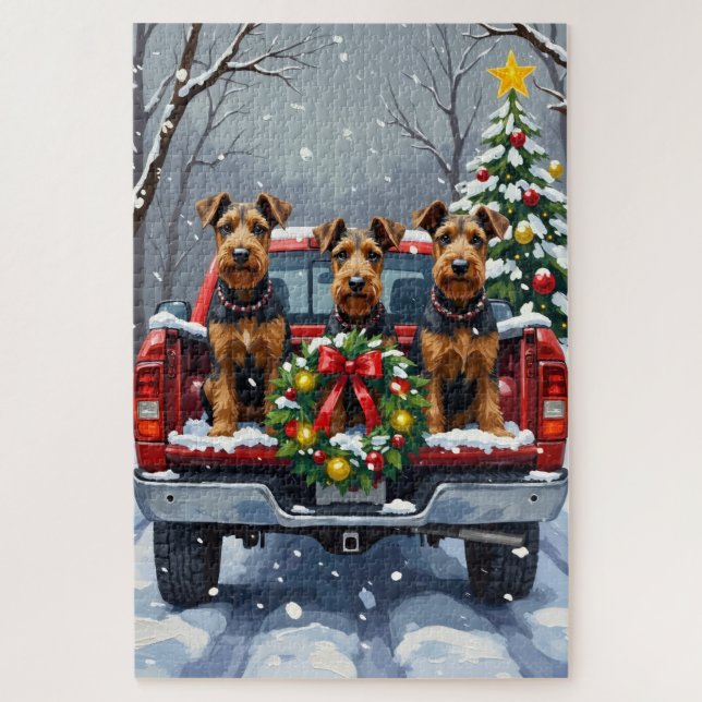 Puzzle Airedale Terrier Christmas Red Truck Holiday (Vertical)